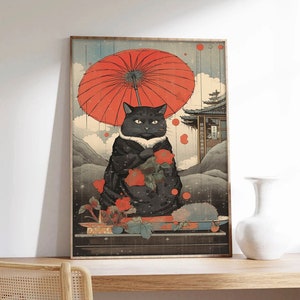 Poster giapponese, Hokusai, Gatto asiatico, arte murale asiatica, carta di qualità museale