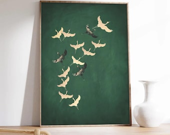Japanese Cranes Print | Flying Cranes Wall Art | Green Minimalist Bird Art | Vintage Japanese Poster