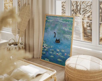 油絵 モネ 猫 絵画 モネの猫ポスター - 睡蓮をモチーフにした猫のプリント