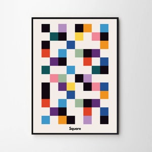 Może przedstawiać: Abstrakcyjny druk artystyczny w stylu geometrycznym z kolorowym wzorem kwadratowym w odcieniach czerwieni, pomarańczy, ż&oacute;łci, zieleni, błękitu, fioletu, r&oacute;żu i czerni. Druk zawiera napis "Square" u dołu.