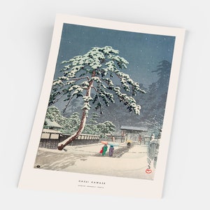 May include: A woodblock print of a snowy Japanese landscape with a large pine tree in the foreground. The print is titled "Hasui Kawase" and "Todaiji Kondo Temple".