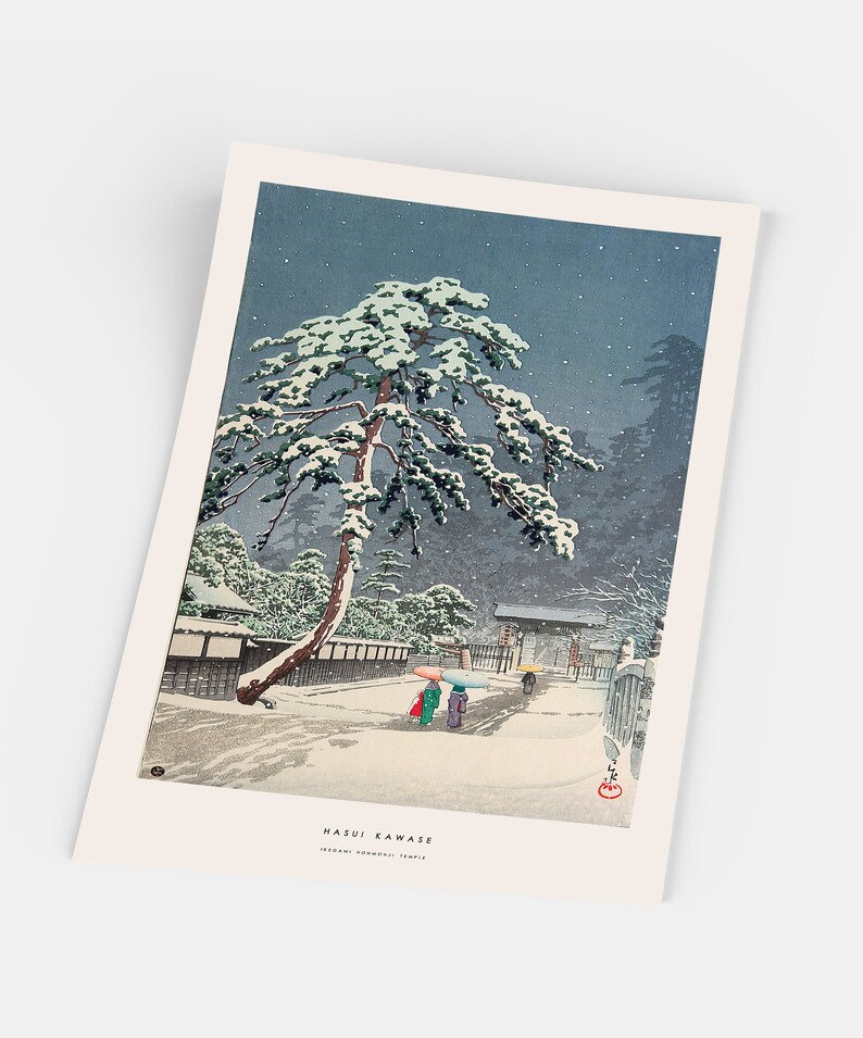 May include: A woodblock print of a snowy Japanese landscape with a large pine tree in the foreground. The print is titled "Hasui Kawase" and "Todaiji Kondo Temple".