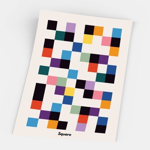 Może przedstawiać: Abstrakcyjny druk artystyczny w stylu geometrycznym z kolorowym wzorem kwadratowym w odcieniach czerwieni, pomarańczy, ż&oacute;łci, zieleni, błękitu, fioletu, czerni i bieli. Druk nosi tytuł "Square".