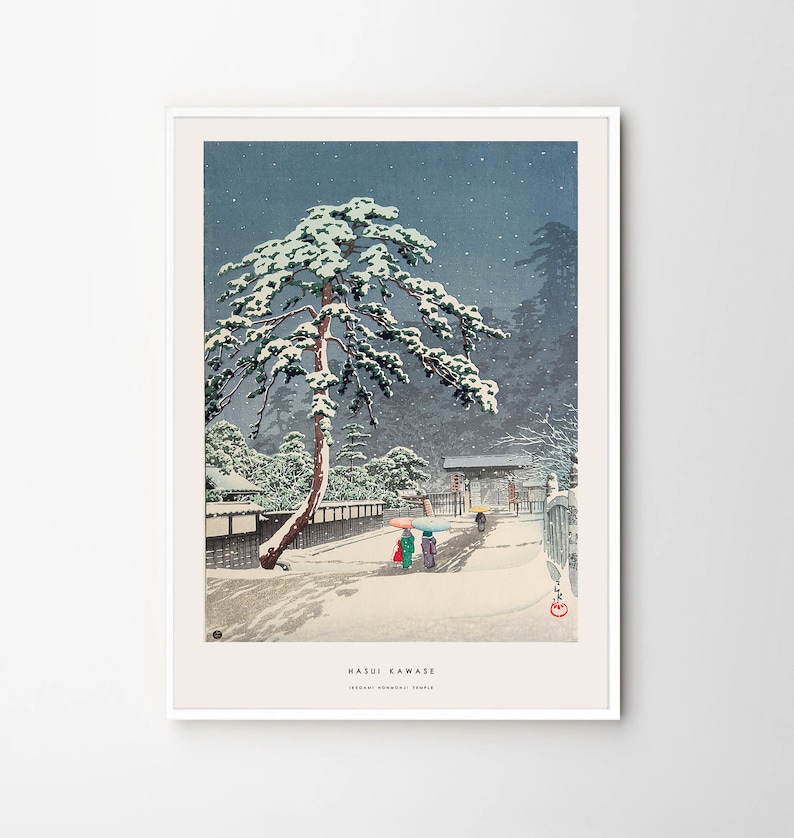 May include: A woodblock print of a snowy Japanese landscape with a large pine tree covered in snow. Two figures walk under umbrellas in the foreground. The print is titled "Hasui Kawase" and "Todai Hongwanji Temple".