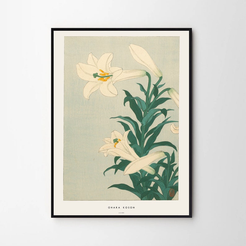 May include: A vintage Japanese woodblock print of white lilies with green leaves on a light blue background. The print is signed "Ohara Koson" in the bottom right corner.