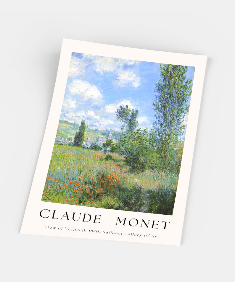 Monet-poster, Gezicht op Vétheuil 1880, Landschapsposter, Kunstdruk op museumpapier afbeelding 2