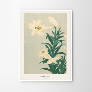 May include: A vintage Japanese woodblock print of white lilies with green leaves on a light blue background. The print is titled "Ohara Koson" and includes the year "1918".