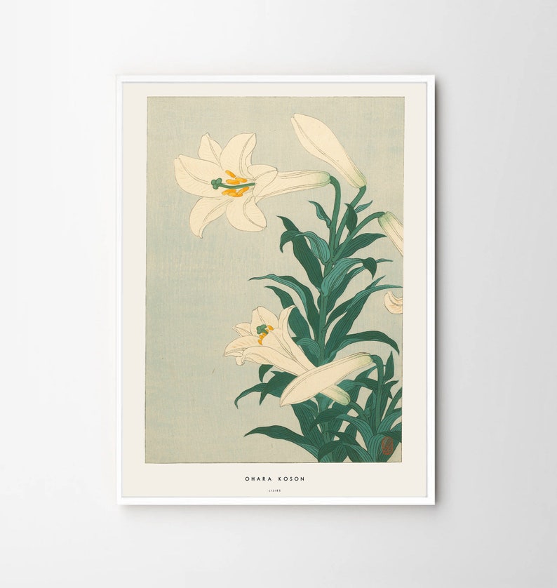 May include: A vintage Japanese woodblock print of white lilies with green leaves on a light blue background. The print is titled "Ohara Koson" and includes the year "1918".