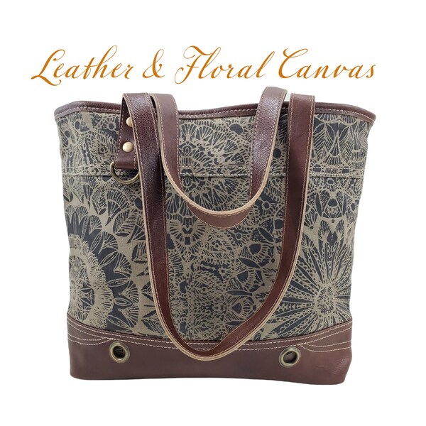 Myra Bag Tote Leather Floral Canvas Printed with Top Zippered for Women,Leather Shoulder Strap with Zipper Pocket Bag,Gifts for her