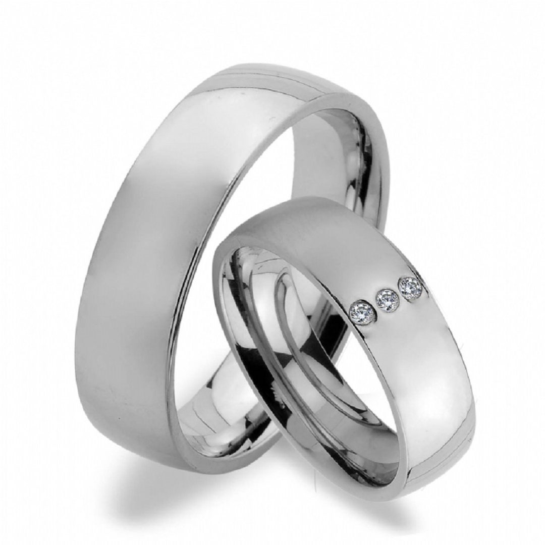 2 Pieces of Stainless Steel Wedding Rings With Three Zircons Etsy