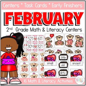 May include: Educational resource for 2nd grade math and literacy. The image features the word "FEBRUARY" in large red letters, along with task cards, and a cartoon illustration of a child holding an envelope. Includes 16 math and literacy activities.