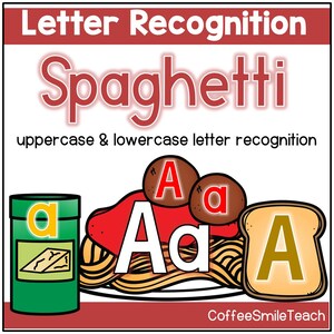 Centro de reconhecimento de letras com tema de espaguete e almôndegas, correspondência de letras do alfabeto em letras maiúsculas e minúsculas, arquivo digital