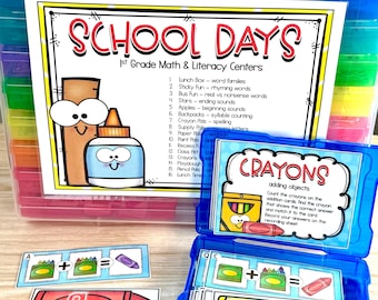 Back to School 1st Grade Math & Literacy Task Boxes Centers Classroom Learning Activities