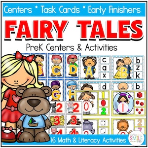 May include: A colorful educational resource titled "FAIRY TALES" for PreK centers and activities. The image features task cards with letters, numbers, and fairy tale characters. Includes a girl with a red bow, a teddy bear, and the text "16 Math & Literacy Activities."