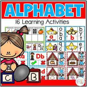 May include: Educational poster with the word "ALPHABET" in blue. It features 16 learning activities, including alphabet blocks and letter matching. The poster includes a cartoon girl holding alphabet blocks. The poster is designed for educational purposes.