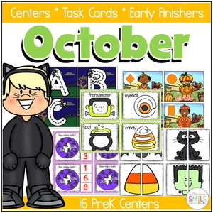 以下が含まれることがあります： ハロウィーンをテーマにした、未就学児向けのカラフルな教育リソース。画像には、フランケンシュタイン、眼球、キャンディーコーン、黒猫のイラストが描かれたタスクカードが写っています。「October」の文字は大きな緑色の文字で書かれています。