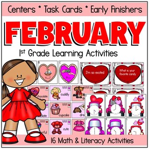 Op de afbeelding: Educatieve afbeelding voor leeractiviteiten. De afbeelding toont het woord "FEBRUARY" in het rood, een cartoonmeisje en taakkaarten met Valentijnsthema's. De tekst "16 Math & Literacy Activities" is ook opgenomen.