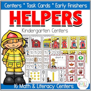 Könnte beinhalten: Ein farbenfrohes Lehrplakat mit dem Titel "HELPERS" für Kindergärten. Es zeigt einen Cartoon-Feuerwehrmann, Mathe- und Leseaufgabenkarten und den Text "16 Math & Literacy Centers". Das Plakat hat einen blauen Rand und verschiedene Illustrationen.
