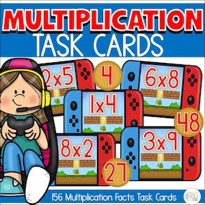 May include: Multiplication task cards featuring a cartoon character with headphones playing a video game. The cards display math equations like 2x5, 6x8, 1x4, 8x2, and 3x9 on screens resembling handheld consoles. Gold circles show answers 4, 48, and 27.