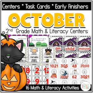 May include: A Halloween-themed educational resource for 2nd grade math and literacy. The image features a black cat in a pumpkin, task cards, and the word "OCTOBER" in large yellow letters. Includes 16 math and literacy activities.