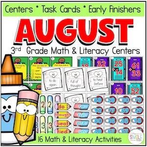 May include: Educational resource titled AUGUST 3rd Grade Math & Literacy Centers featuring task cards, worksheets, and activities. Includes cartoon glue and pencil characters, math problems with numbers, and language arts exercises on lined paper.