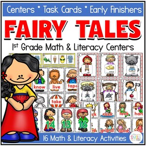 Op de afbeelding: Educatief materiaal voor wiskunde en lezen in groep 1. De afbeelding toont de woorden "FAIRY TALES" in het rood, evenals taakkaarten en een cartoonmeisje. De set bevat 16 wiskunde- en leesactiviteiten.