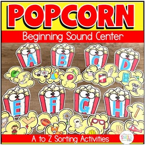 May include: Educational activity set featuring red and white striped popcorn buckets with cartoon eyes and blue letters A through H. Includes yellow popcorn-shaped cutouts with illustrations of objects like an anchor, ball, and hammer.