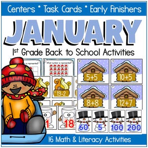 Op de afbeelding: Een kleurrijke educatieve poster voor activiteiten voor de terugkeer naar school in groep 1. De poster toont het woord "JANUARI" in grote blauwe letters, samen met wiskunde- en taaltaken. Bevat afbeeldingen van sneeuwmannen, hutten en een stripfiguur in winterkleding. De poster heeft de tekst "16 Math & Literacy Activities".