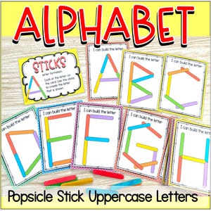 May include: Educational alphabet learning set featuring uppercase letters made with colorful popsicle sticks. The set includes cards with letter outlines and instructions, promoting hands-on learning and letter recognition.