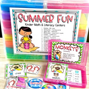 Kindergarten Summer Themed Learning Centers Activity Box Math and Literacy Task Boxes for Kinder