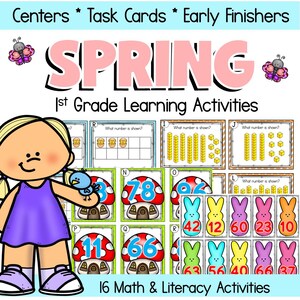 Op de afbeelding: Kleurrijk educatief materiaal voor groep 3, met het woord "SPRING" in roze. Bevat taakkaarten met getallen, teloefeningen en een cartoonmeisje met een blauwe vogel. De set bevat 16 wiskunde- en leesactiviteiten.