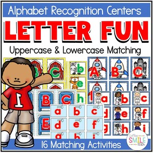 May include: An educational poster for alphabet recognition, featuring the text "LETTER FUN" in red. The poster includes uppercase and lowercase letter matching activities with illustrations of rockets, animals, and other objects. The poster has the text "16 Matching Activities". The poster is designed for educational use.