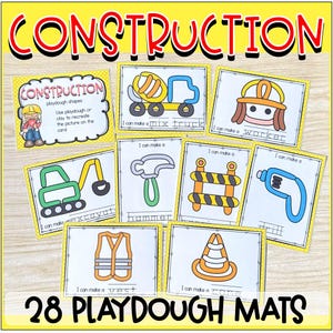 May include: A collection of 28 playdough mats with a construction theme. Each card displays a construction image, including a mix truck, worker, excavator, hammer, vest, and cone. The word "CONSTRUCTION" is at the top.
