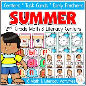 May include: A colorful educational resource for 2nd grade math and literacy. The image features the word "SUMMER" in large red letters, along with task cards, clocks, and illustrations of children. The resource includes 16 math and literacy activities.