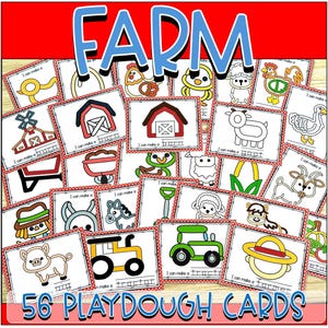 May include: A set of 56 playdough cards with a farm theme. Each card displays a farm animal or object, like a barn, tractor, or pig, with the text "I can make a..." and the object's name. The word "FARM" is written in large blue letters.