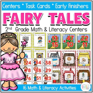 Puede incluir: Un recurso educativo colorido para matemáticas y alfabetización de segundo grado. La imagen presenta un hada de dibujos animados sosteniendo una varita, con tarjetas de tareas que muestran problemas de matemáticas y rompecabezas de palabras. El título "FAIRY TALES" se muestra de forma destacada.