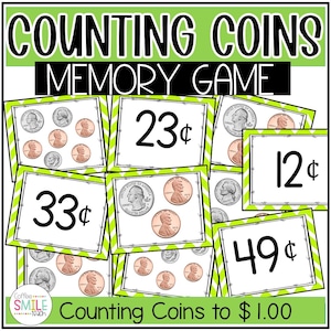 May include: Educational memory game cards featuring US coins and values. Cards display various combinations of quarters, dimes, nickels, and pennies, with corresponding cent amounts like 23¢, 12¢, 33¢, and 49¢. The game is designed to help children learn to count coins up to $1.00.