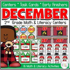 Puede incluir: Recurso educativo para matemáticas y alfabetización de segundo grado. La imagen presenta tarjetas de tareas con gráficos temáticos navideños, que incluyen adornos, cajas de regalo e ilustraciones de Papá Noel. El título dice "DICIEMBRE" y "16 actividades de matemáticas y alfabetización."