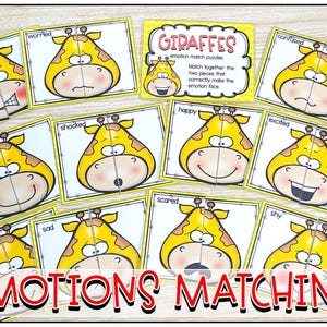 May include: A set of emotion match puzzles featuring cartoon giraffes. Each puzzle shows a giraffe face expressing a different emotion, such as happy, sad, or worried. The words "EMOTIONS MATCHING" are displayed at the bottom.