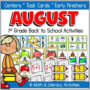 Op de afbeelding: Een kleurrijke educatieve afbeelding voor 1e klas back-to-school activiteiten. De afbeelding toont het woord "AUGUST" in rode letters, taakkaarten, wiskundeproblemen en illustraties van appels, sterren en potloden. De tekst luidt "16 Wiskunde & Taal activiteiten".