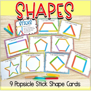 May include: Nine popsicle stick shape cards with colorful illustrations. Each card features a different shape, such as a triangle, square, and hexagon, with instructions to build the shape using popsicle sticks. The word "SHAPES" is written in large, red letters.