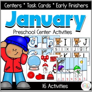Op de afbeelding: Een kleurrijke educatieve afbeelding voor kleuteractiviteiten. Het woord "Januari" staat in grote blauwe letters. De afbeelding bevat illustraties van winterse objecten, letters, cijfers en een cartoonkind met een wintermuts en jas. De tekst luidt "Kleuterschoolcentrumactiviteiten" en "16 activiteiten."