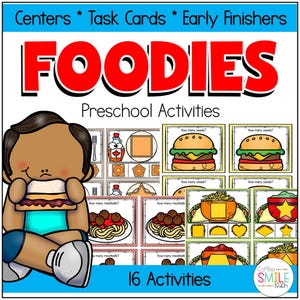 May include: An educational resource titled "FOODIES Preschool Activities." The image shows a cartoon child eating a sandwich, with task cards displaying food items such as burgers, tacos, and spaghetti. The resource includes 16 activities.