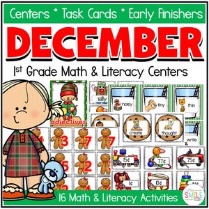 Op de afbeelding: Een kleurrijke educatieve poster voor wiskunde- en geletterdheidscentra in groep 1. De poster toont het woord "DECEMBER" in grote rode letters, samen met diverse taakkaarten en activiteiten. Inclusief peperkoekmannetjes, munten en andere illustraties.