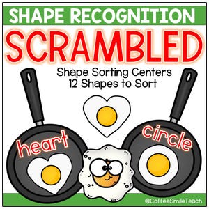 Peut inclure: Image éducative avec le texte "Shape Recognition Scrambled". Elle présente des illustrations d'œufs en forme de cœur et de cercle, et un œuf au plat avec un visage. Conçu pour les activités de tri de formes.