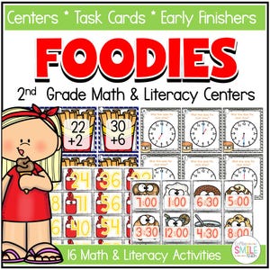 Peut inclure: Ressource éducative colorée intitulée "FOODIES" pour les centres de mathématiques et de littératie de 2e année. Comprend des fiches de tâches avec des problèmes d'addition, des cadrans d'horloge et des activités d'apprentissage de l'heure.