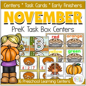 Puede incluir: Centros de cajas de tareas preescolares educativas con un tema de otoño. La imagen presenta la palabra "NOVEMBER" en letras amarillas grandes, junto con varias tarjetas de aprendizaje, que incluyen rebanadas de pastel, calabazas y el alfabeto.