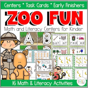 Op de afbeelding: Een kleurrijk educatief hulpmiddel getiteld "ZOO FUN" voor de kleuterschool. De afbeelding toont wiskunde- en leesactiviteiten, waaronder taakkaarten en oefeningen voor vroege finishers. Het ontwerp bevat cartoon dieren, letters en cijfers, met de tekst "16 Math & Literacy Activities."