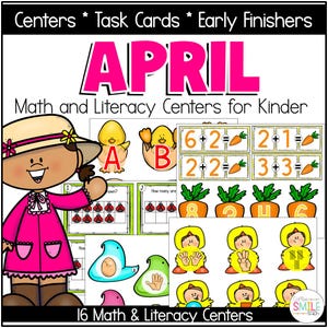 Può includere: Una risorsa educativa colorata per la scuola materna, con la parola "APRIL" in rosa. L'immagine presenta centri di matematica e alfabetizzazione con illustrazioni di pulcini, carote e coccinelle. Il testo recita "16 Math & Literacy Centers."
