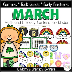 May include: An educational graphic with the word "MARCH" in green. The image includes math and literacy centres for kindergarten, featuring rainbows, pots of gold, and a cartoon leprechaun. The text reads "16 Math & Literacy Centres."